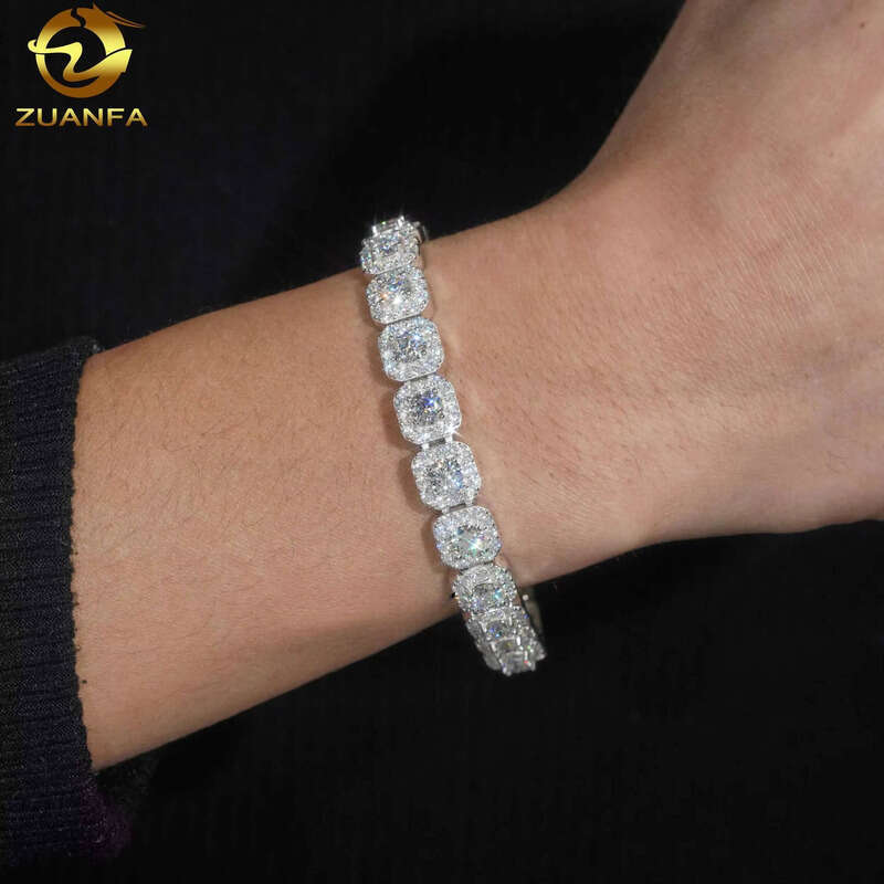 High Quality Fashion Hip Hop Sterling Sier 10mm Moissanite Cluster Tennis Chain Cuban Bracelet