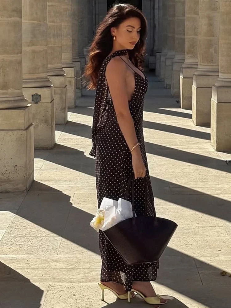 Tuularose Black Polka Dot Dress Sexy Deep V Backless Spaghetti Strap Scarf Ribbon Summer Vacation Party Womens Long 250807