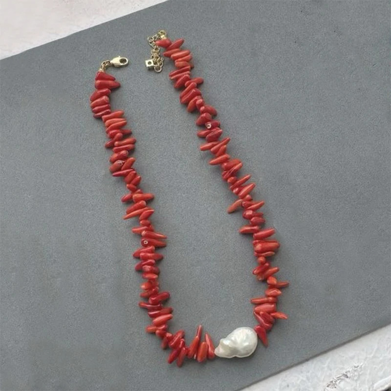 Vintage Natural Red Coral with Pearls Necklace for Her Bohemian Handmade Jewelry Beach Gift 250730