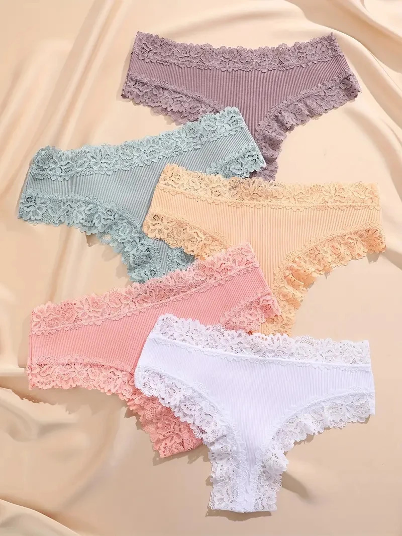 5Pcsset Women Cotton Panties Floral Lace Intimate Underwear Trendy Patchwork Briefs Female Soft Underpants Lingerie SXL 250807