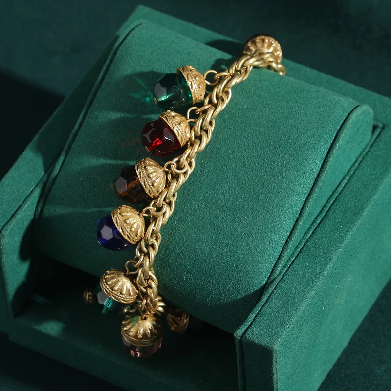 Vintage Multicolor Crystal Chain Bracelet - 18K Gold Plated Adjustable Womens Jewelry Gift 250730