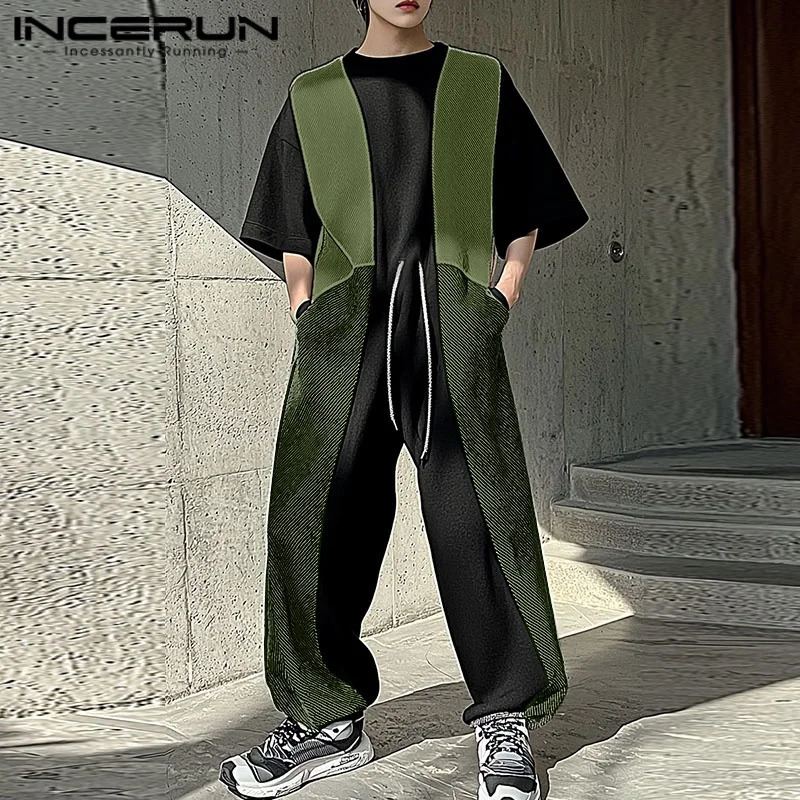 INCERUN 2025 Korean Style Rompers Fashion Men Spliced Contrast n Overalls Casual Streetwear Male Loose Simple Jumpsuits 250804