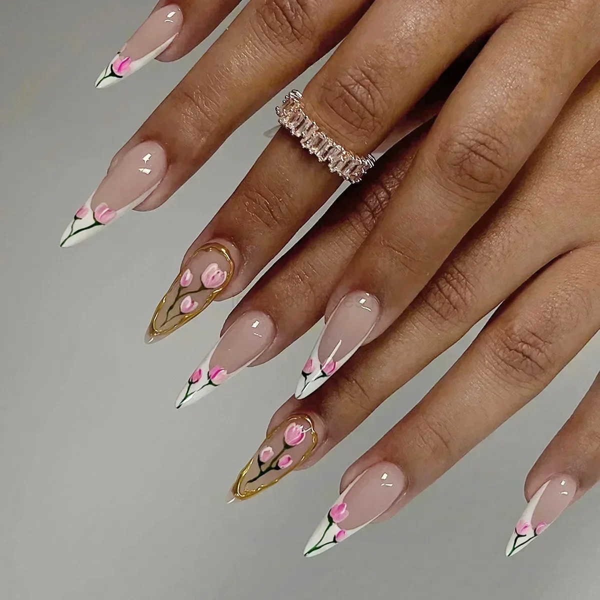 24Pcs French False Nails With Purple Edge Almond Bow Flower Design Detachable Acrylic Fake Nails Long Stiletto Press On Nails Z250807