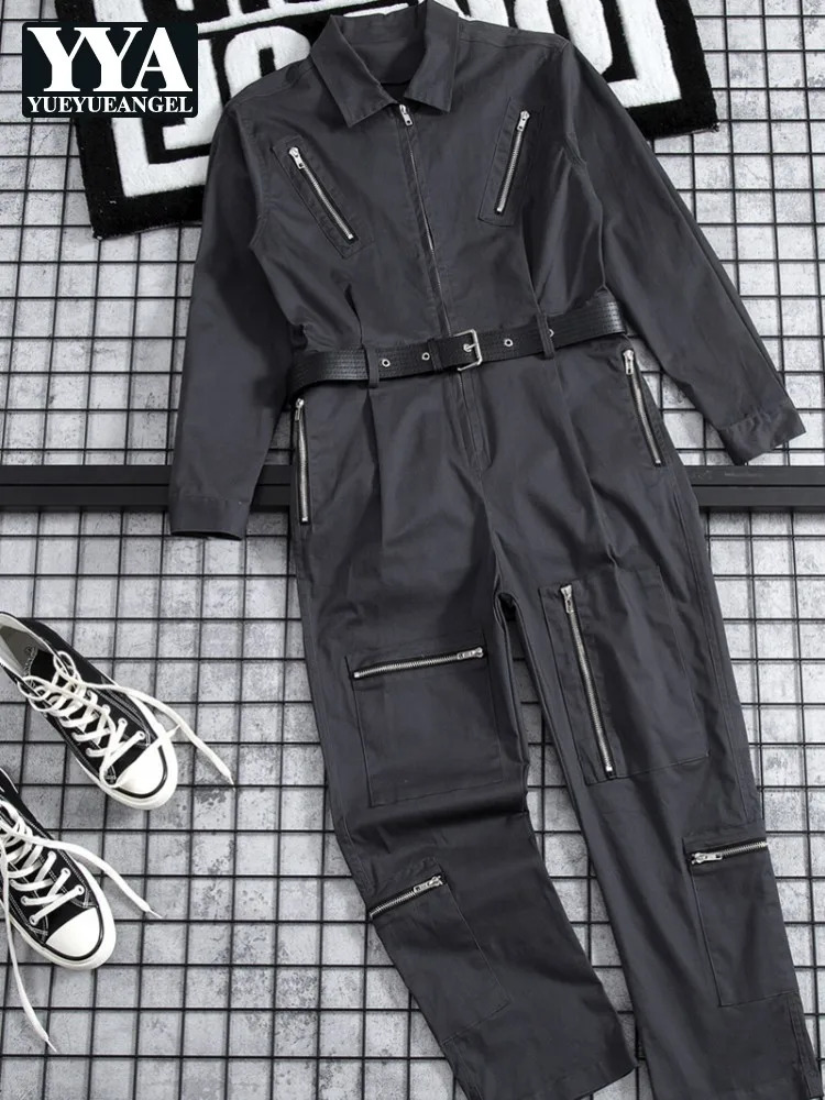 Lovers Cargo Jumpsuit High Street Solid Color Loose Overalls Set MultiPockets Full Sleeve Zipper Straight Pants Male M2XL 250804