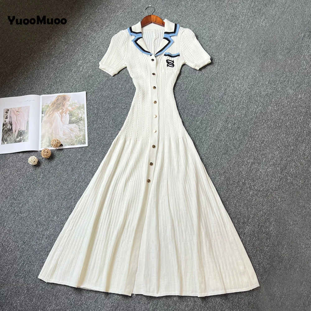 YuooMuoo Women Dress Spring and Summer Single-breasted Knitted Maxi Dress Elegant Office Lady Embroidery Sweater Dress 250806