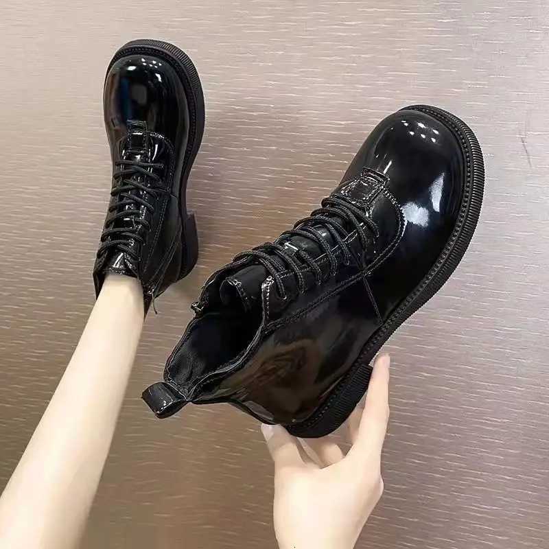 Black Short Shoes for Women Female Ankle Boots Lace-up with Laces Leather Round Toe Footwear Booties Comfortable and Elegant Y2k XJ250807