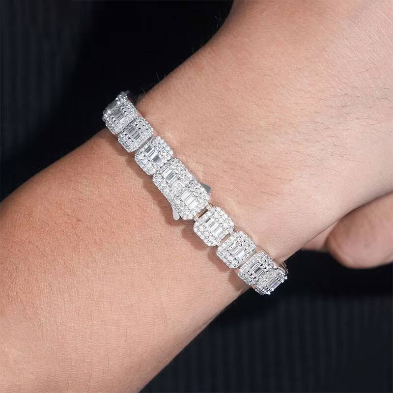 Hip Hop Jewelry 9mm White Gold 925 Silver Cluster VVS Baguette Moissanite Diamond Ice Out Tennis Bracelet for Men Women