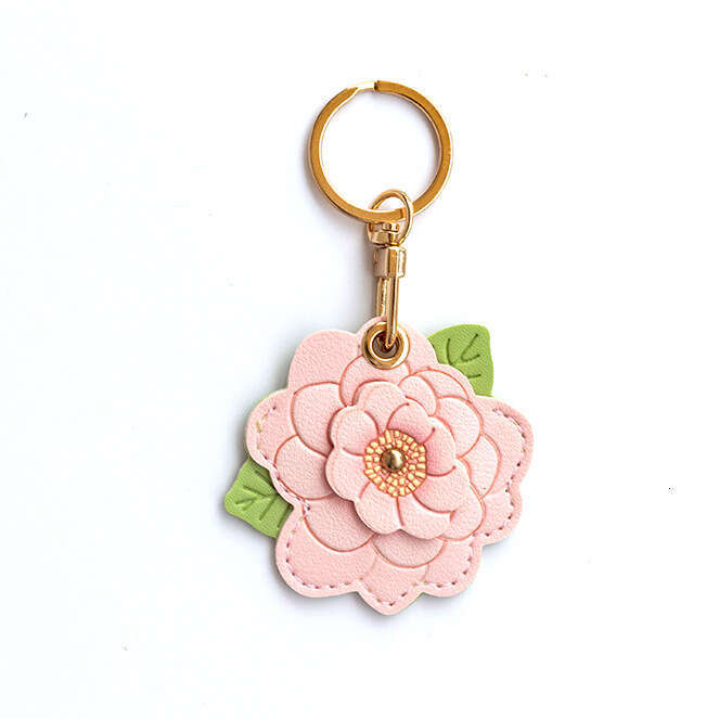 DHessentials Elegant Camellia Keychain & Badge Holder - Leather Card Case with Alloy Flower Charm for Keys/Purse (6.4cm, 15g)