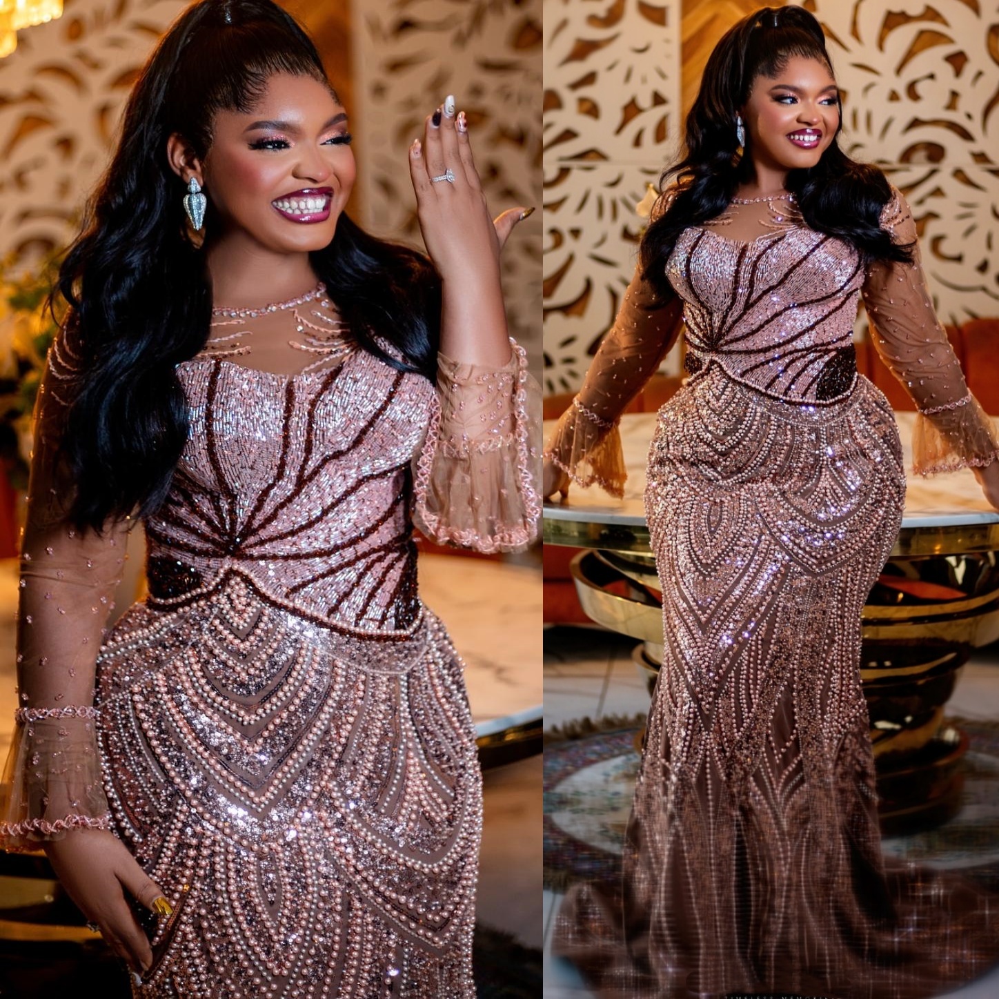 Mermaid Brown Prom Dresses 2025 Beaded Crystals Sequined Illusion Evening Formal Party Second Birthday Engagement Gowns Plus Size Dress For Special Oc