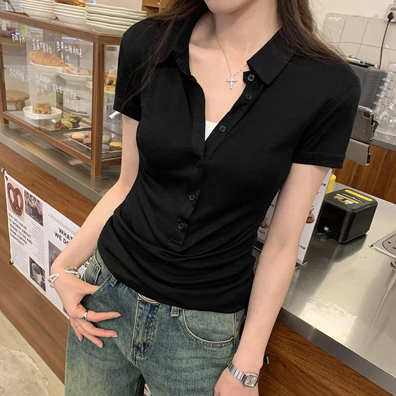 2025 Summer Polo Collar Womens Tshirts Solid Buttons Short Sleeve Bottom Korean Shirts Slim Knitwear Tops Female 250729