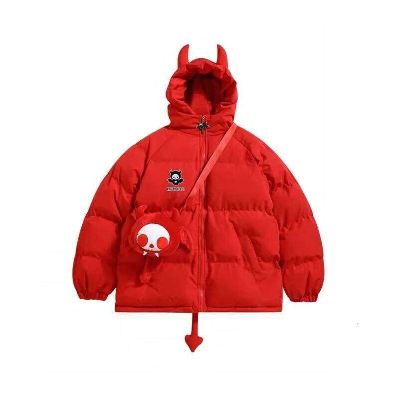 Designer Clothing 2025 Women Black Gothic Thicken Parkas Hip Hop Devil Horns Wing Couple Hooded Padded Jacket Streetwear Emo Coat Winter Clothes