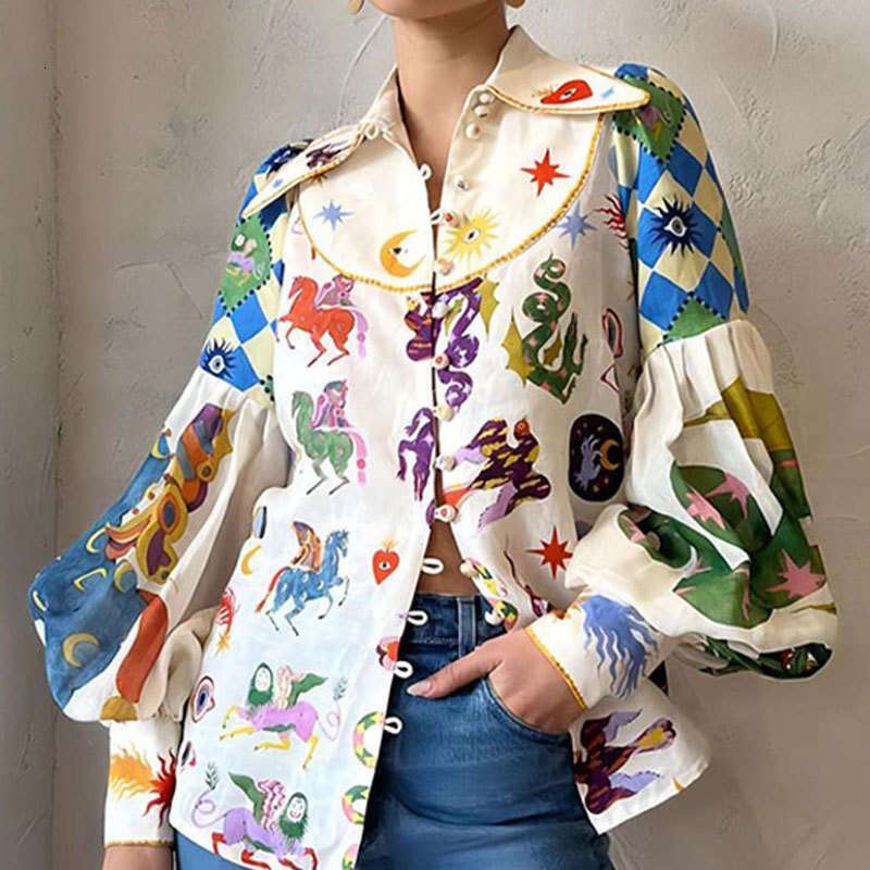 Women's Loose Graffiti Print Turn-Down Collar Lantern Long Sleeve Spring Cardigan Shirt B5 h7