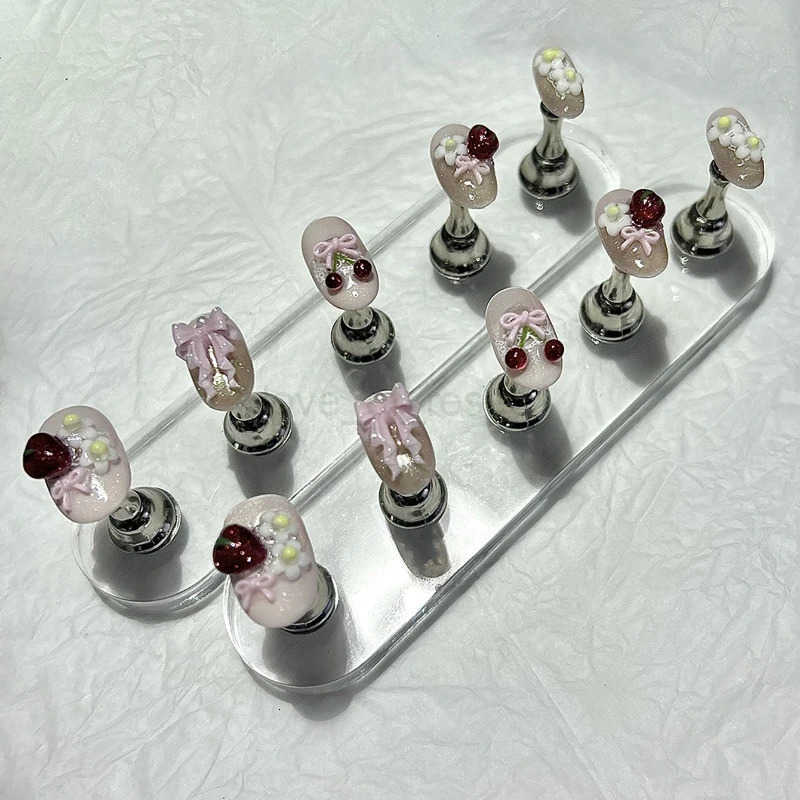 10 Pieces Summer Cute Sweet Style Handmade Press On Nails 3D Bow Cherry Strawberry Cat Eye Fake Nails Removable Reusable Z250807