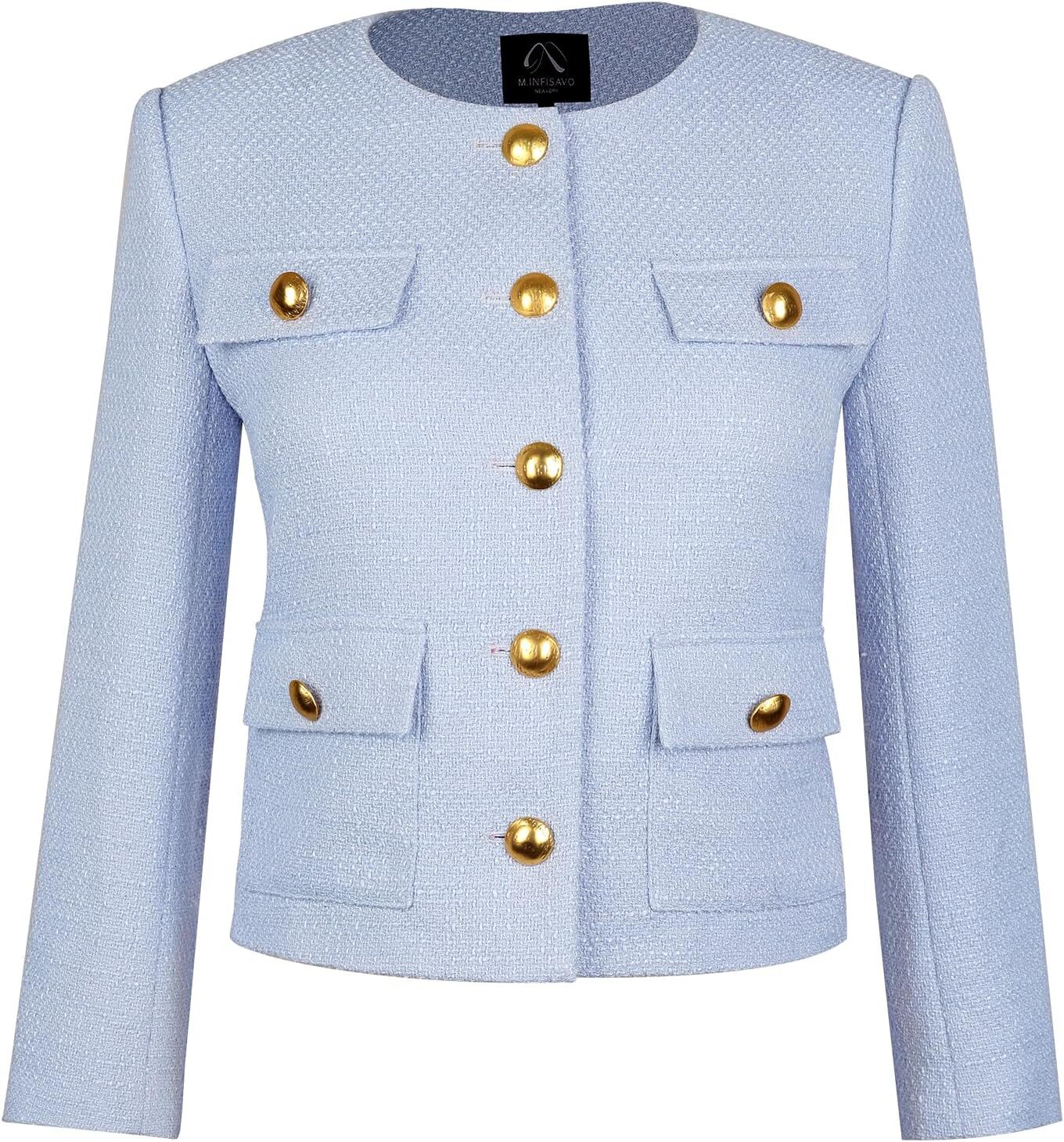 Women Tweed Jacket Cropped Blazers Spring Summer Elegant Round Neck Pockets Business Casual Outfit