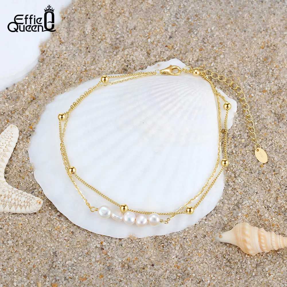 Effie Queen 2 Layered Diamond-Cut Cuban Link Chain Anklet 925 Sterling Silver Freshwater Pearls Anklets For Women Jewelry SA50 Y250805