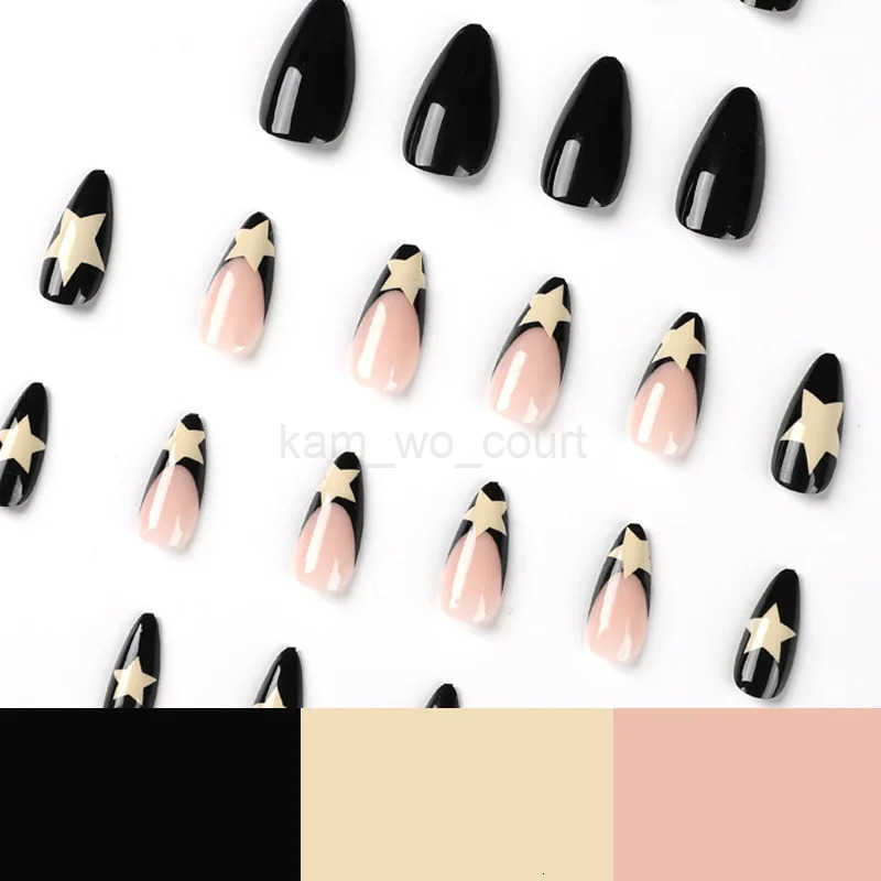 24pcs/box Fake French y2k Nails Press On Long Stiletto Almond Shape Wearable False Nails With Star Designs Full Cover Nail Tips M250807