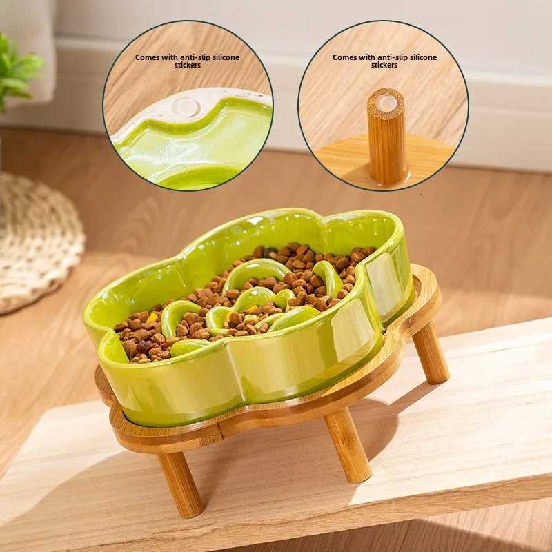 Ceramic Dog Slow Food Bowl Anti-choking Medium and Large Dog Food Basin Cat Bowl with Wooden Frame Pet Feeding Supplies With Y250806