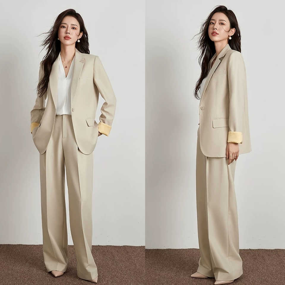 Fashion Women Suits 2 Piece Blazer Pants Loose Peak Lapel Long Sleeves One Button Business Office Women Customized