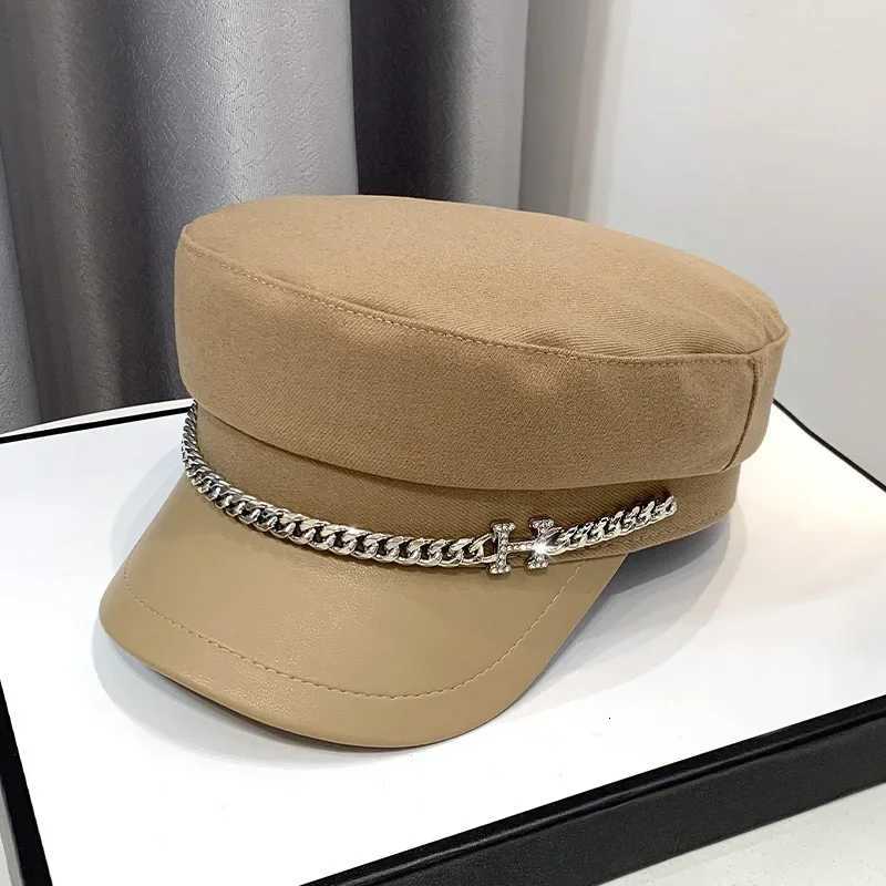 Autumn Winter Woolen Newsboy Hat for Women Vintage Solid Flat Top Berets with Chain Ladies Military Painters C 2022 XJ250807