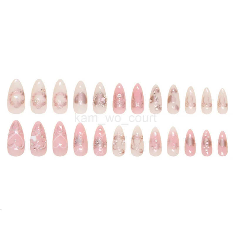 24pcs Sweet False Nail Patches Detachable Fake Nail Tips With Bowknots Love Heart Pearl Design Pink Almond Korean Press On Nails M250807