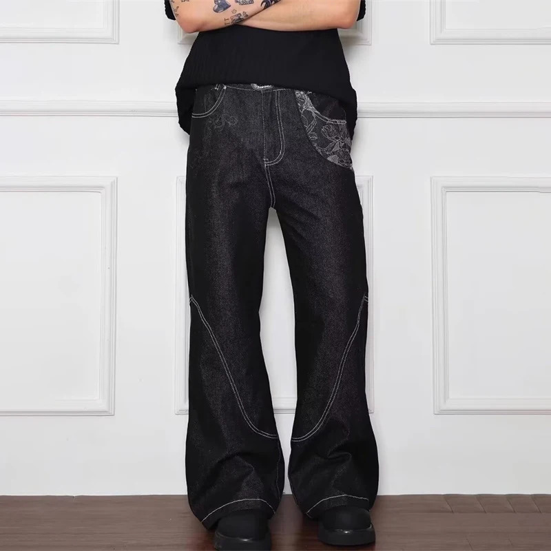 Autumn Gothic Pattern Jacquard Printed Baggy Jean For Men High Street Vintage Patchwork Denim Pants Harajuku Hip Hop Y2K Jeans 250807