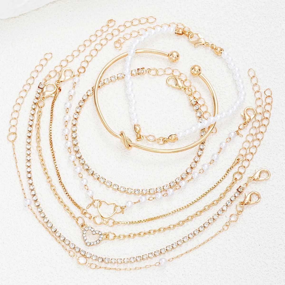 8-Piece Elegant Heart Rhinestone Stacked Bracelets For Women Gold Color Multi-Strand Pearl Chain Bracelet Party Fashion Jewelry W250807