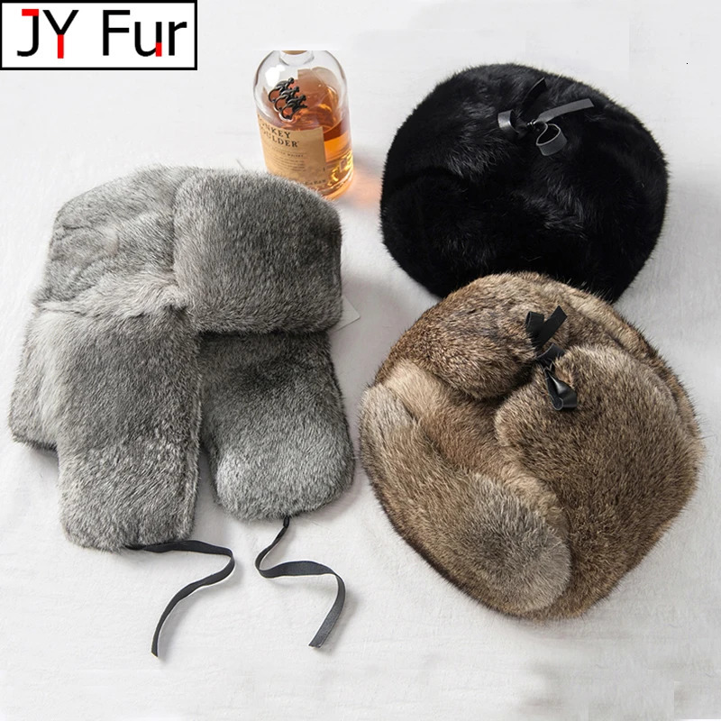Rabbit Fur Cap Man Winter Genuine 100% Fur Bomber Hat Windproof Warm Earmuffs Male Flat GreyBlack Russian Hat Fitted Casquette 250806