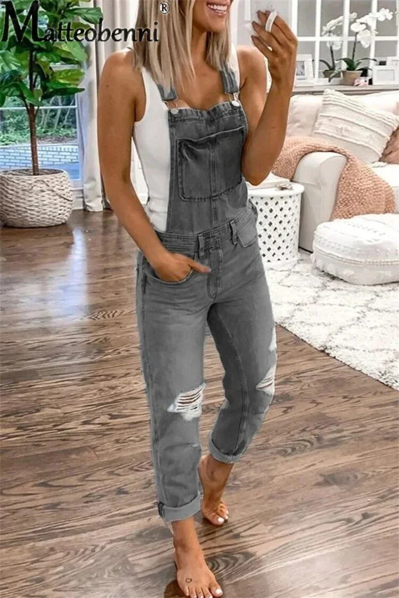 Fashion Broken Holes Straight Jeans Splicing Pocket Strap Pants Street Casual Versatile Basic Jumpsuit Female Rompers 23 250807