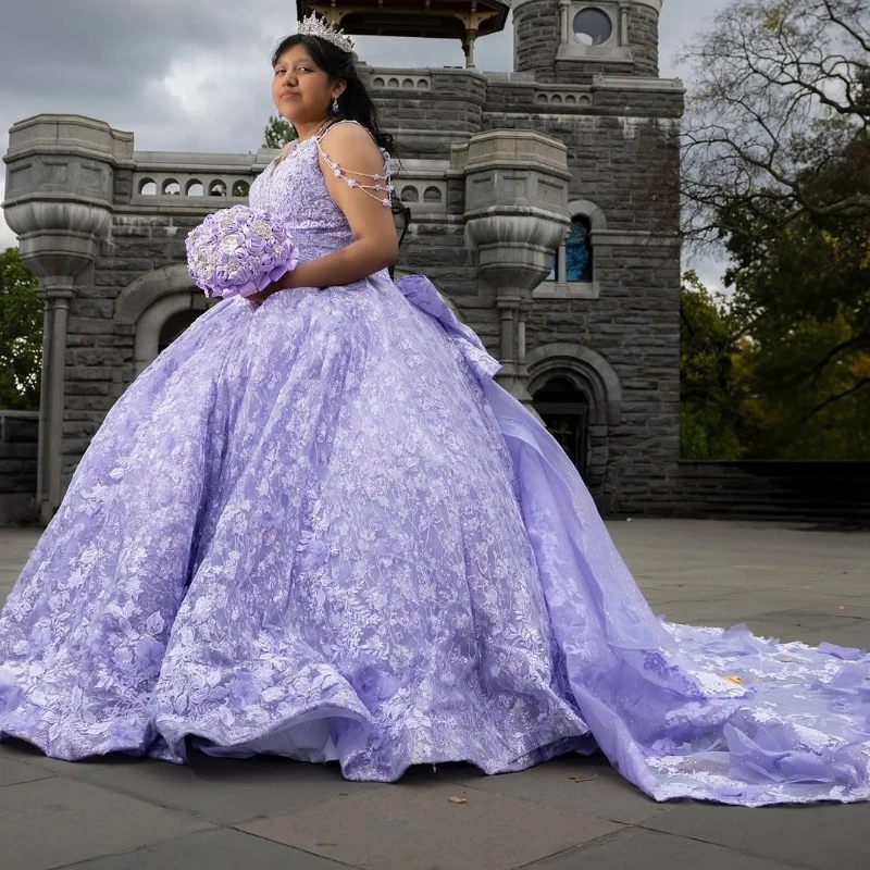 Lavender Shiny Quinceanera Dresses Ball Gown Off The Shoulder Applique Lace Beading Crystal Tull Party Birthday Sweet 16 Dress Vestidos 15 Anos