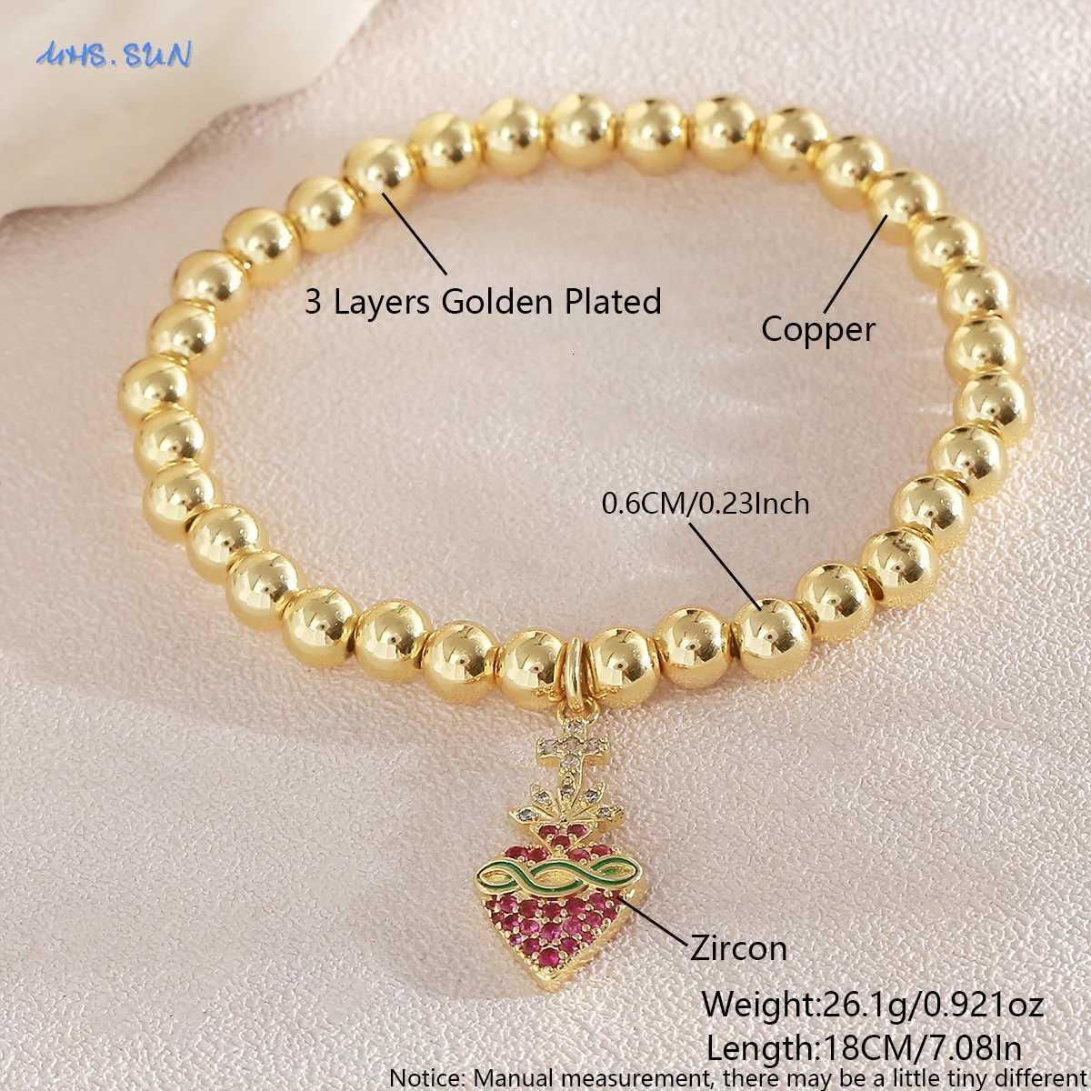 6MM Gold Plated Metal Beads Bracelets for Women and Men Cubic Zircon Sacred Heart Cross Charm Bracelet Party Jewelry W250807