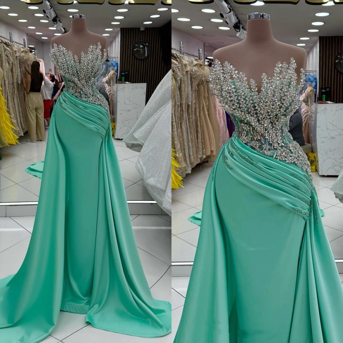Elegant Strapless Crystal Mermaid Prom Dress Sexy Sleeveless Satin Beaded Formal Floor Length Evening Gowns Robe De Soiree