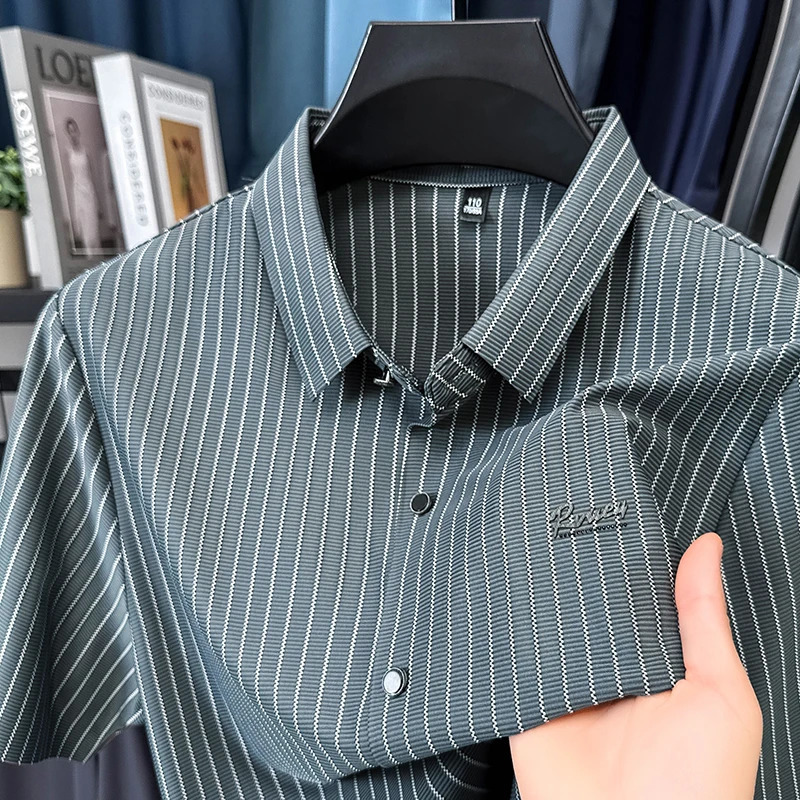 Original High End Mens Polo Shirt Lapel Short Sleeve Summer Striped No Trace Top Business Leisure Versatile Menswear 250807