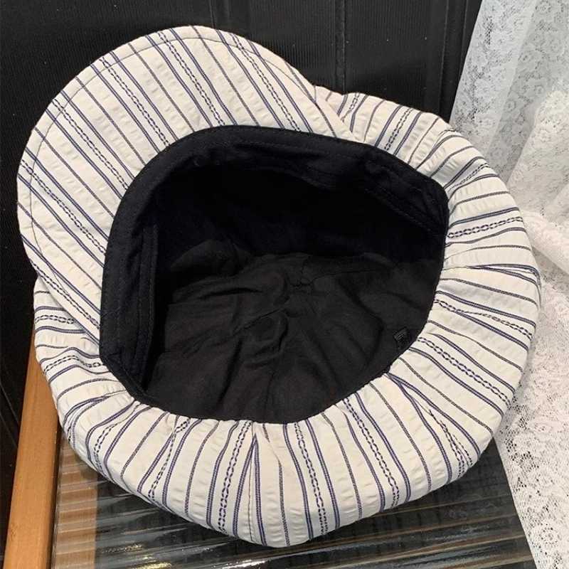 Janese Retro Striped Pleated Berets C for Women Spring and Summer Travel Sunscreen Casual Niche Retro Painter Hats Men XJ250807