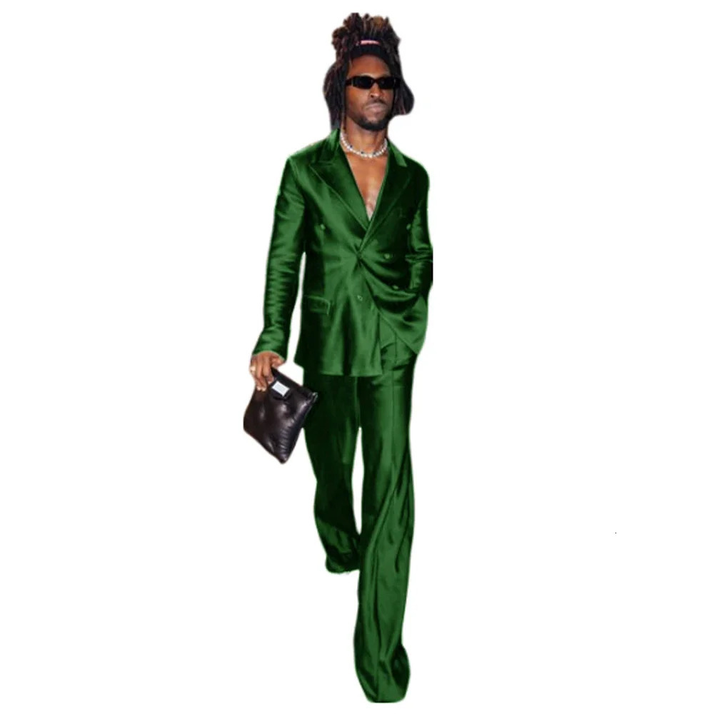 Mens Suit Satin Complete 2 Pieces Blazer Pants Costume ious Double Breasted ed Lapel Jackets Dancing Party Fashion 250807