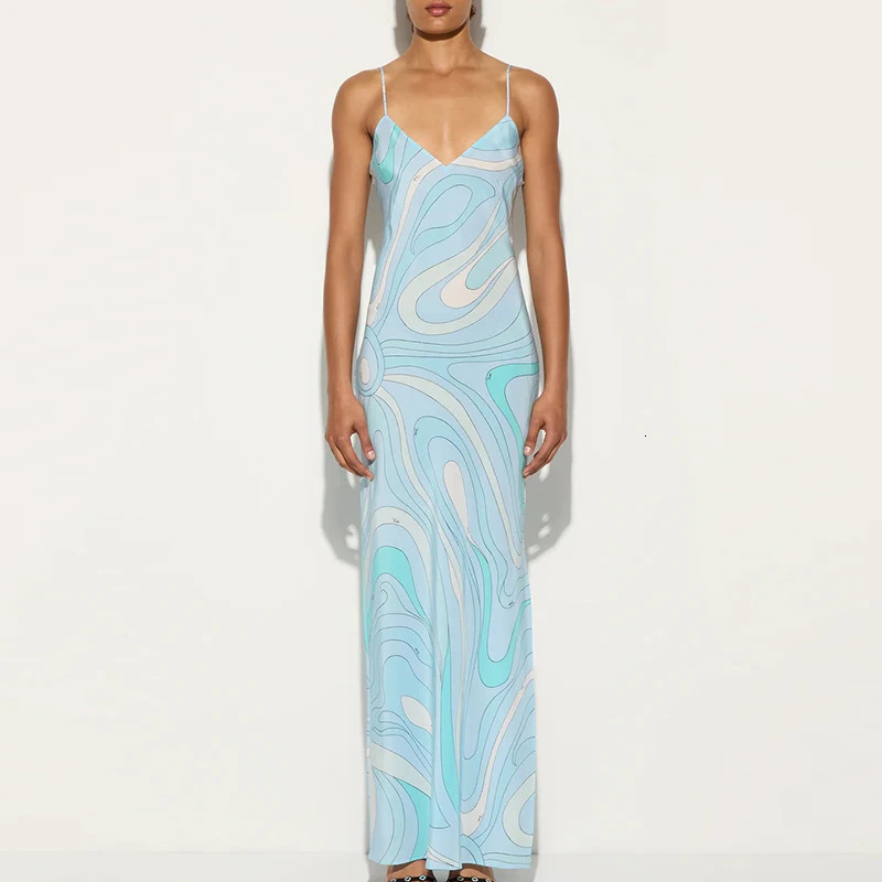 Camisole Slim Fit High Waist Holiday Long Dress Ladies Fashion V Neck Printed Robe Sexy Backless Hollow Out Summer 250807