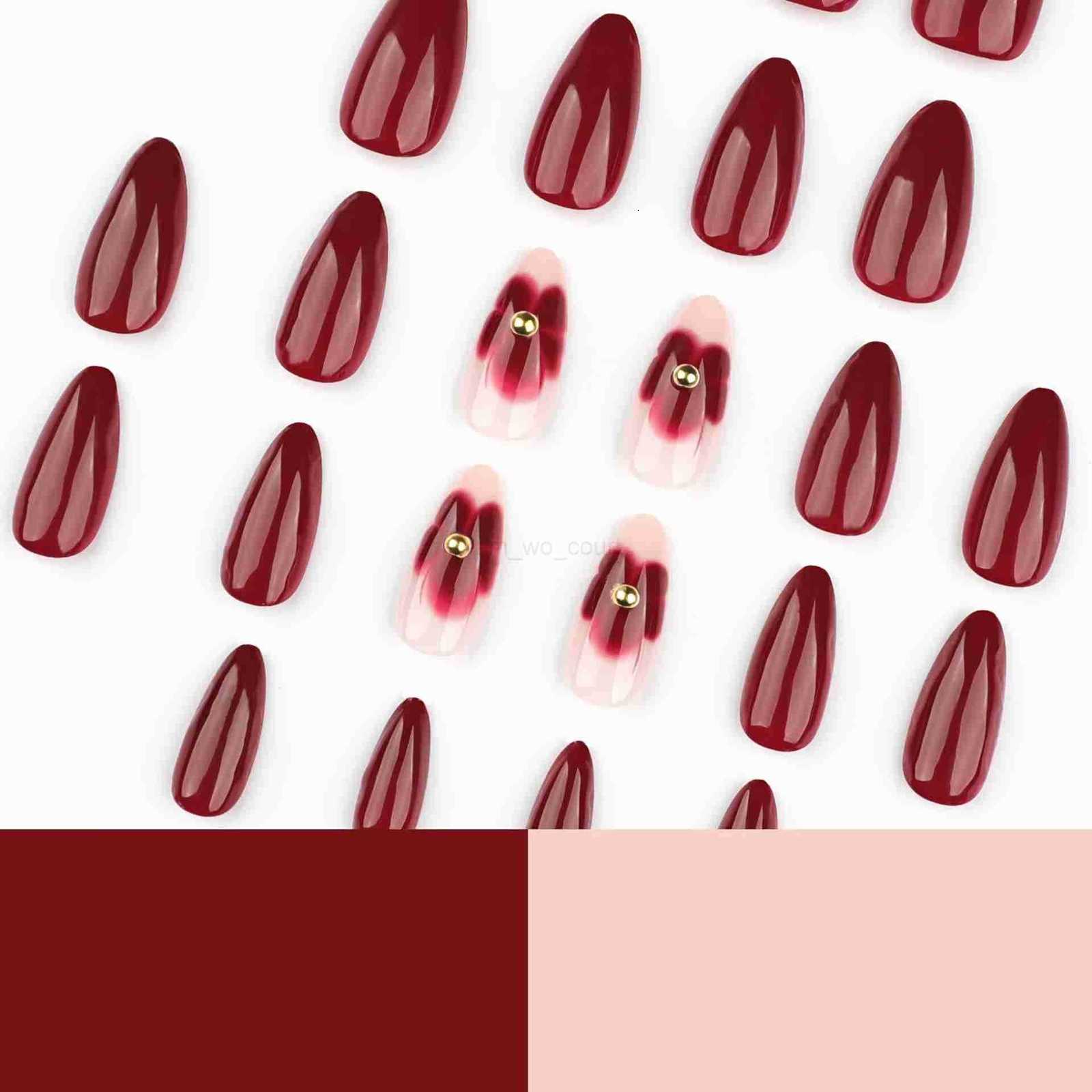 24pcs Womens Nail Set Burgundy Almond Shape Medium Length Solid Color with Floral Golden Dust Design Fake Nails for Women/Girls M250807