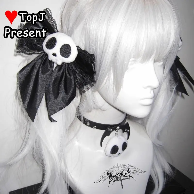 Subculture Women's Gothic Lolita Harajuku Y2K Girl fluffy Skull head Bow Christmas Gift Hairpin Clip Pins Hair accessorie choker 250730