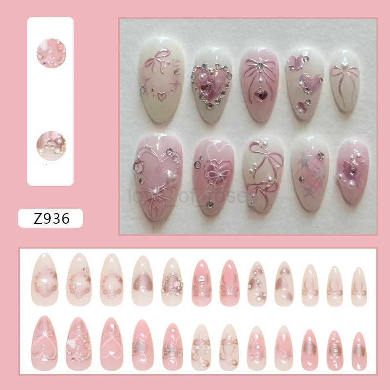 24pcs Sweet False Nail Patches Detachable Fake Nail Tips With Bowknots Love Heart Pearl Design Pink Almond Korean Press On Nails Z250807