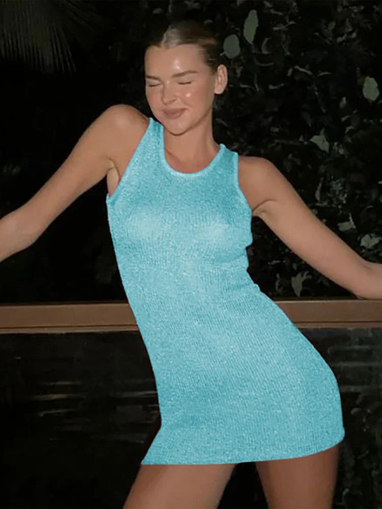 Casual Knit Y2K Streetwear Short Mini Beach Dress Sundress Women Summer Bodycon Sleeveless Party Club Dresses Outfits Gift 250807