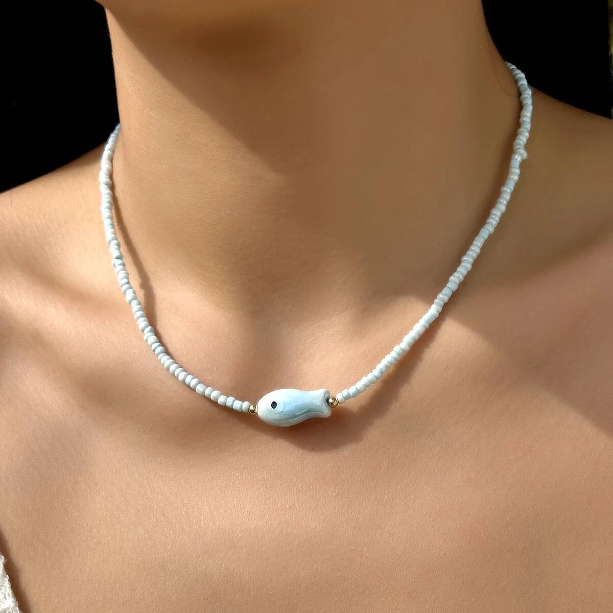 Bohemian Handmade Colorful Ceramic Fish Beaded Necklace for Women Unisex Rice Beads Choker Summer Beach Party Jewelry Gift Jewelry for Women