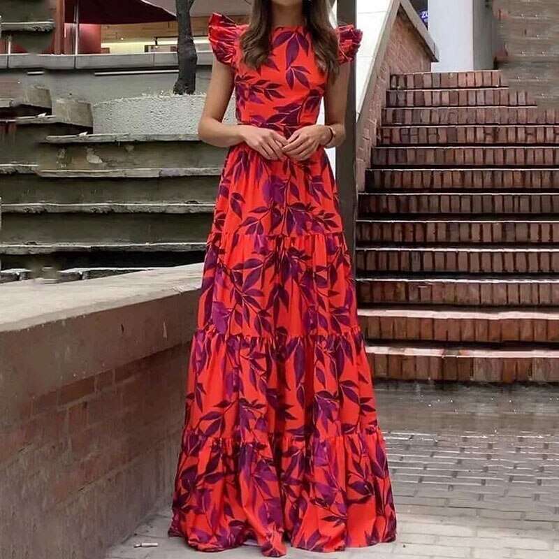 Red Carpet Evening Spring New Women's Fashion Printed Flutter Sleeve High Waist Dress B5 h7