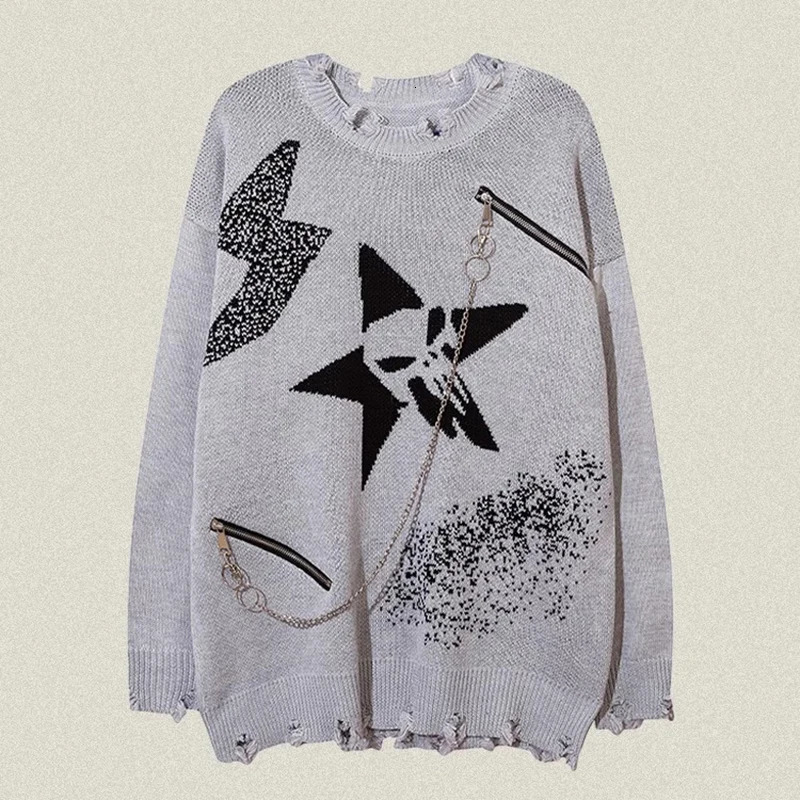 Star Chain Hole Mens Sweater American Gothic Vintage Hip Hop Couple Knitwear Pullover Winter Oversize Jumpers 250807