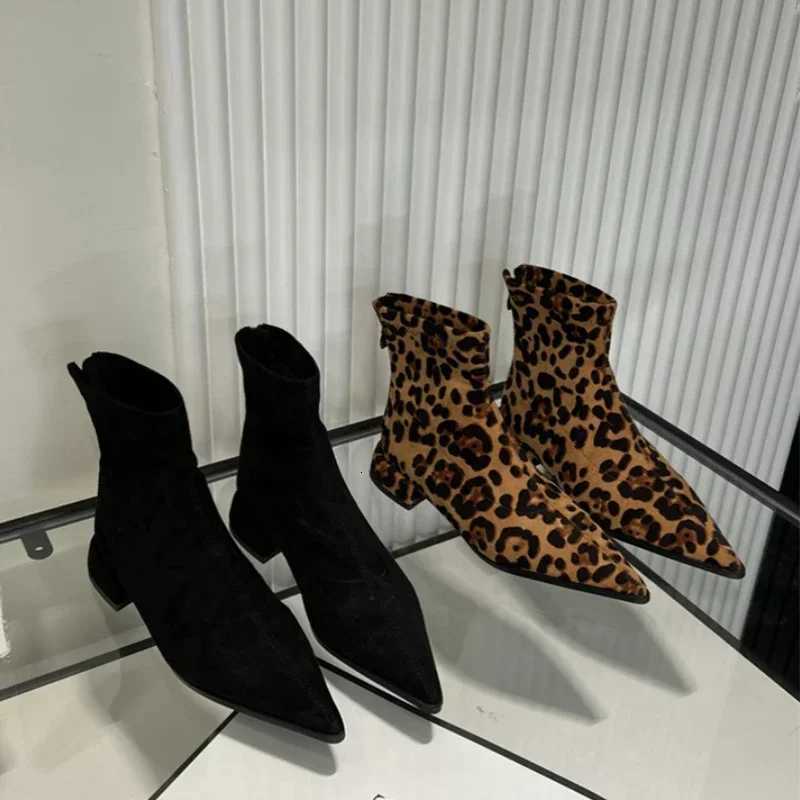 Leopard Ankle Boots Women Pointed Toe Heels Shoes Sexy Designer Gladiator Short Boots Low Heels New Goth Womens Chelsea Boots XJ250807