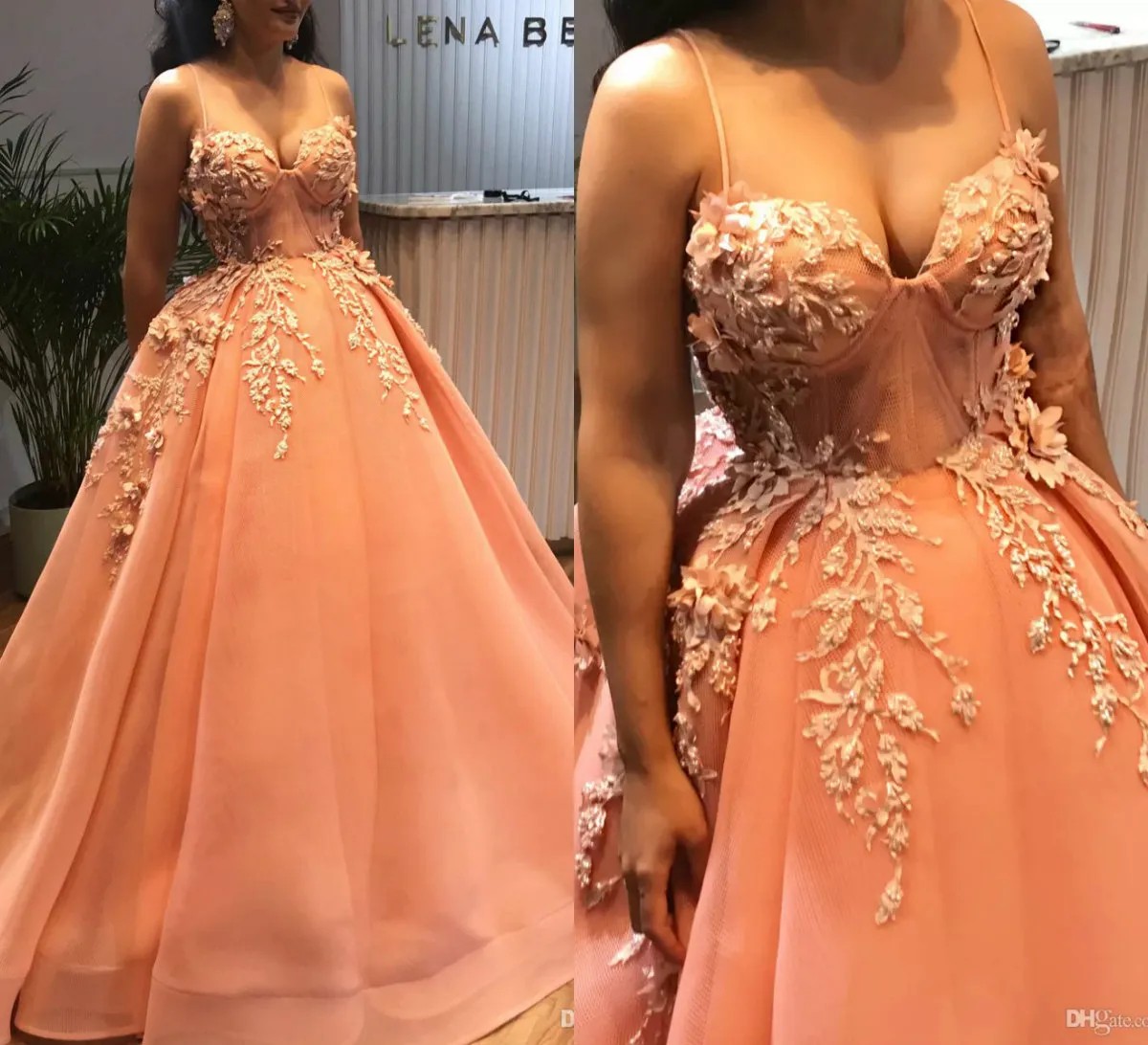 Blush Pink 3D Floral Appliques Evening Dresses Spaghetti Beaded A Line Ball Gown Prom Dresses Sexy Girls Pageant Dress Formal Party Gowns