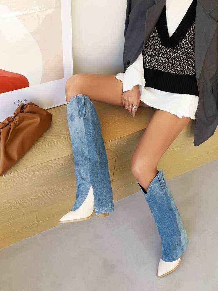 Fashionable Large Size Cowgirl-Inspired Ladies' Ankle Boots: Classic Blue Jeans & Spiked Stiletto Heels