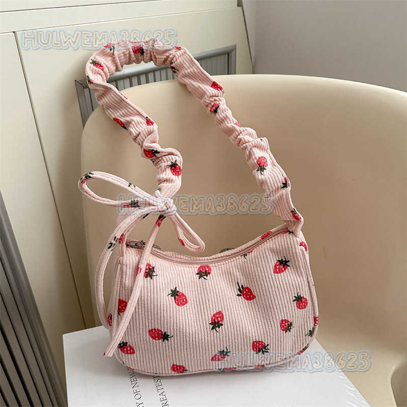 Cute Strawberry Small Bag for Women 2024 New Trendy Versatile Underarm Bag Celebrity Fashion Corduroy Shoulder Bag H250806