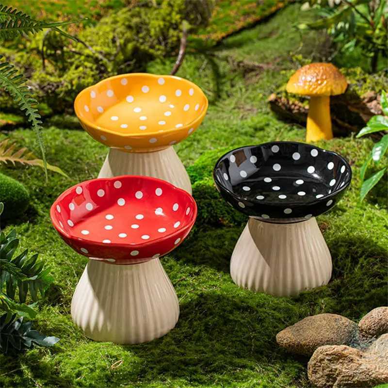 Cute Cartoon Mushroom Ceramic Pet Bowl High Foot Protection for Cervical Spine Feeder for Puppy Dog Small Cat Pet Accessories Y250806