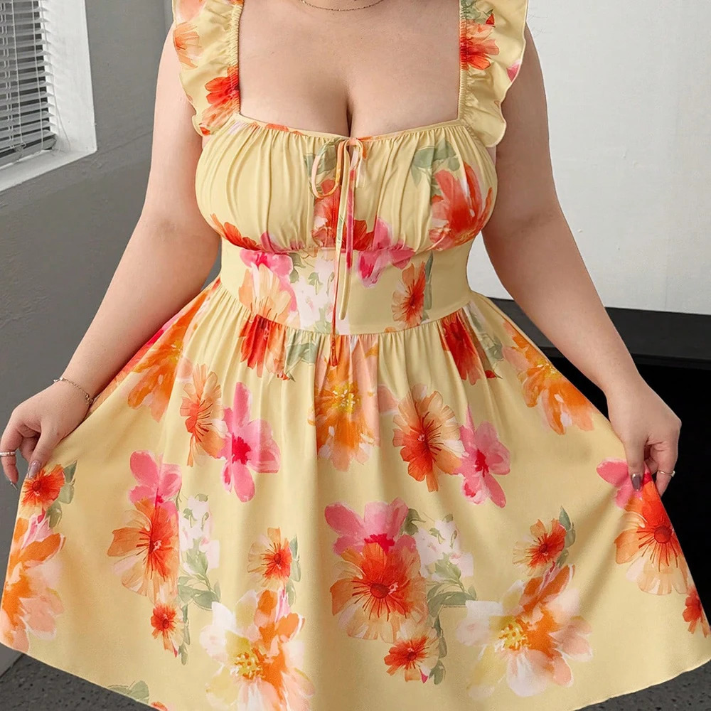 Plus Size Fly Sleeve Flower Chest Cup Dress A Hem Short Printed Beach Square Neck Casual 250807