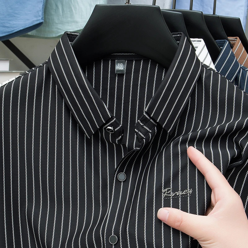 Original High End Mens Polo Shirt Lapel Short Sleeve Summer Striped No Trace Top Business Leisure Versatile Menswear 250807