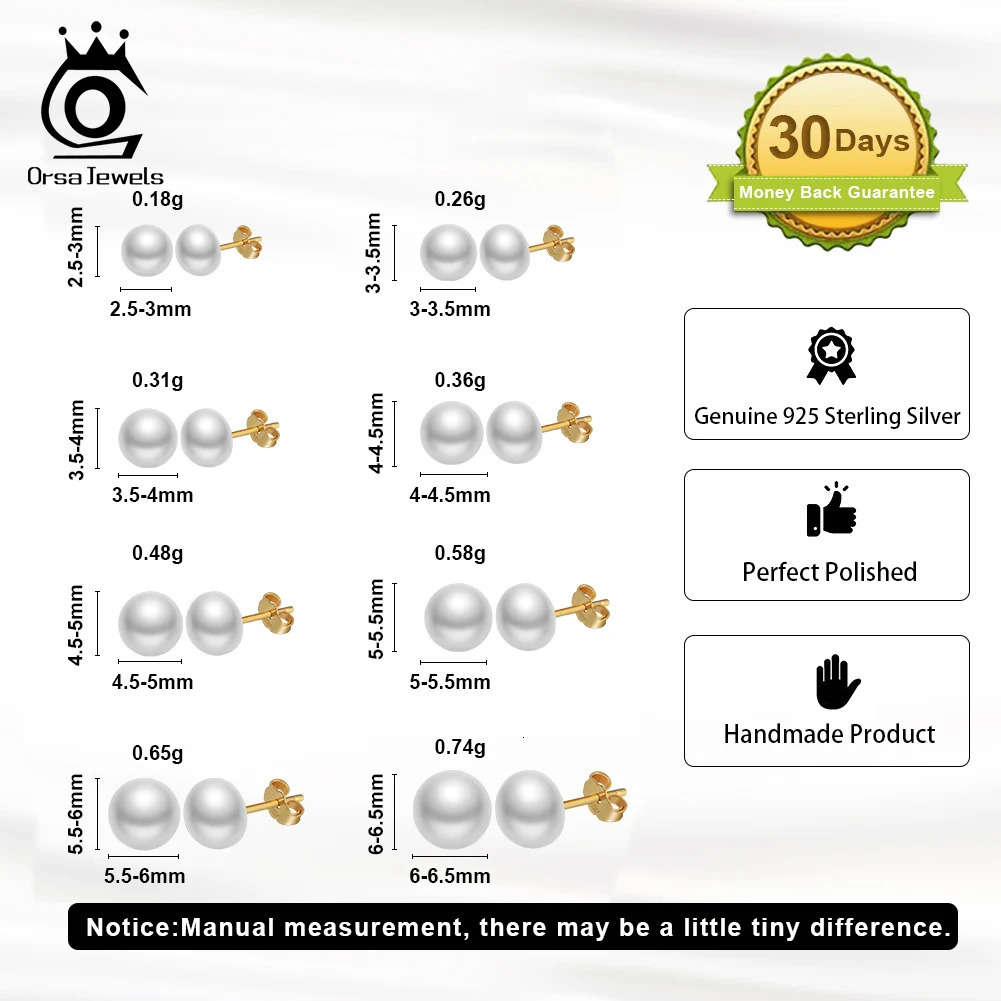 ORSA JEWELS Minimalism 1 pair Freshwater Pearl Ear Stud Real Pearls Stud Earrings 925 Silver Round Natural Pearl Ear Stud GPE104 250805